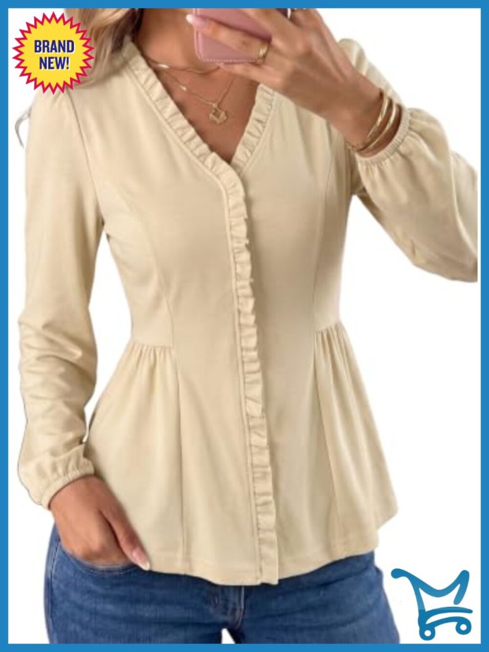 Ruffle Trim V Neck Long Sleeve Peplum Blouse Soft Knit Top